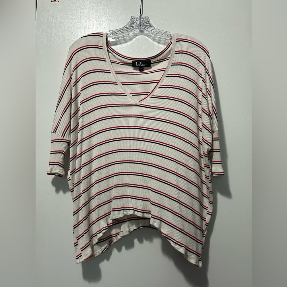 Lulu's Cream and Red Striped V-Neck Tee